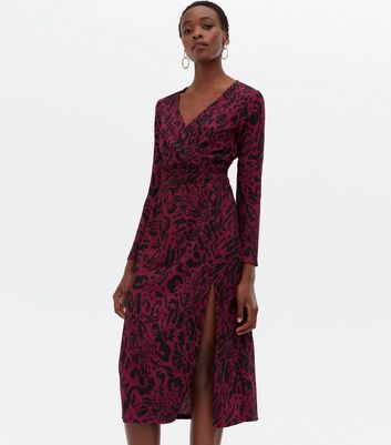 Tall Burgundy Leopard Print Shirred Waist Midi Wrap Dress | New Look